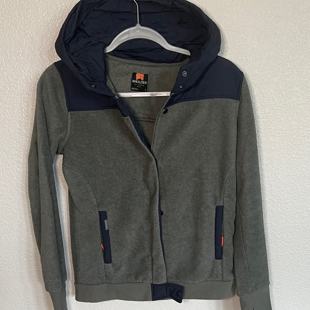 Holden Dark Green w Blue color block Hoodie Teddy Zip and Button Sweater Jacket